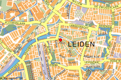 Plattegrond waar Domina ongeveer in de Breestraat 21 in Leiden zit.